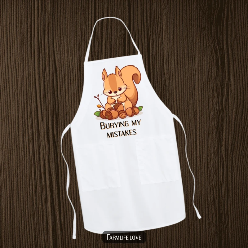 Funny apron featuring a determined squirrel gathering acorns, perfect for chefs who like humor and preparedness.