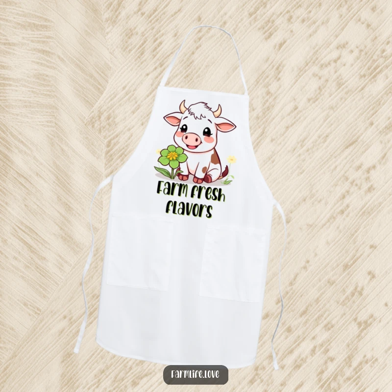 Funny apron depicting a cheerful cow chewing clover, ideal for kitchen use and bringing a humorous farm vibe to cooking.