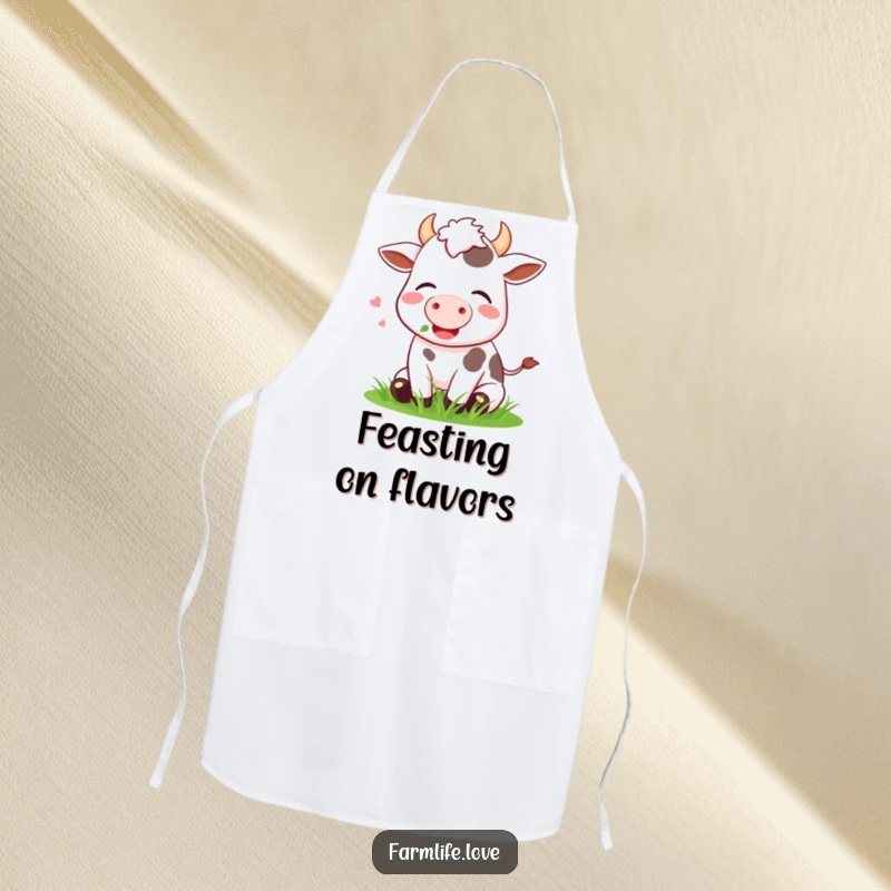 Funny Apron with a happy cow contentedly munching grass, perfect for adding farm humor to cooking or gardening.