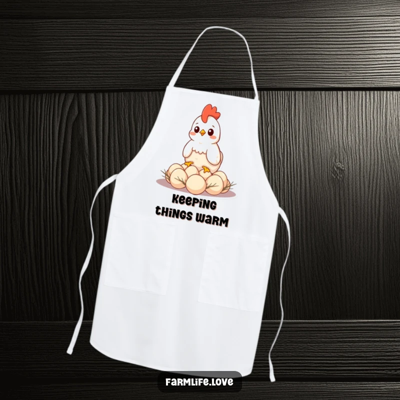 Funny apron featuring a hen protectively sitting on eggs, ideal for cooks who enjoy humor and maternal themes.