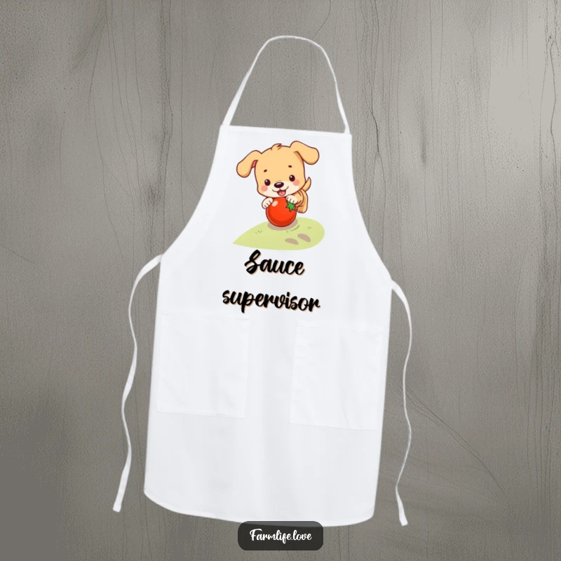 Funny apron featuring a playful puppy chasing a rolling tomato, ideal for cooks who love humor and pets.