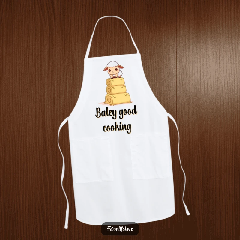 Funny apron: A curious sheep comically attempts to balance hay bales, bringing a touch of farmyard humor to the kitchen.