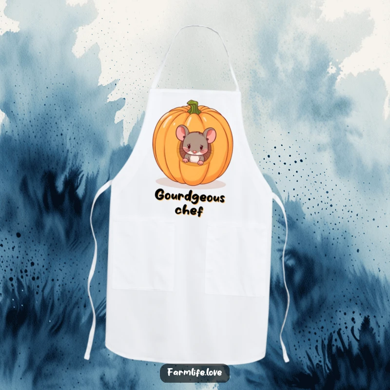 Funny apron featuring a mouse peeking from a pumpkin, ideal for cooks who enjoy Halloween humor and cute designs.