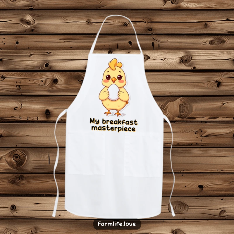 Funny Apron with a cheerful chicken proudly presenting a perfect egg, perfect for adding farm humor to cooking or gardening.