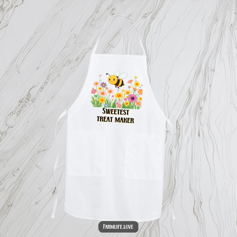 Funny apron: A cheerful bee happily buzzes around colorful flowers, bringing a touch of nature's joy to the kitchen.