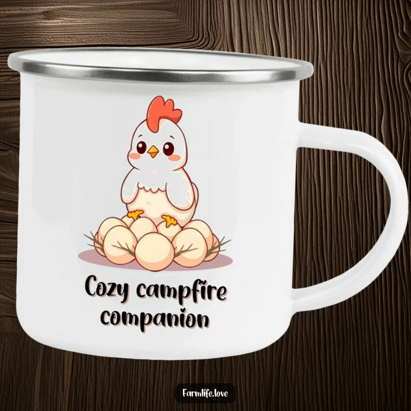 Funny camping mug showing a hen protectively sitting on eggs, ideal for outdoor adventures with a humorous maternal theme.