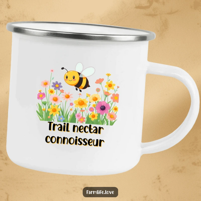 Funny camping mug: A happy bee joyfully buzzes through colorful flowers, ready for outdoor adventures and sweet sips.
