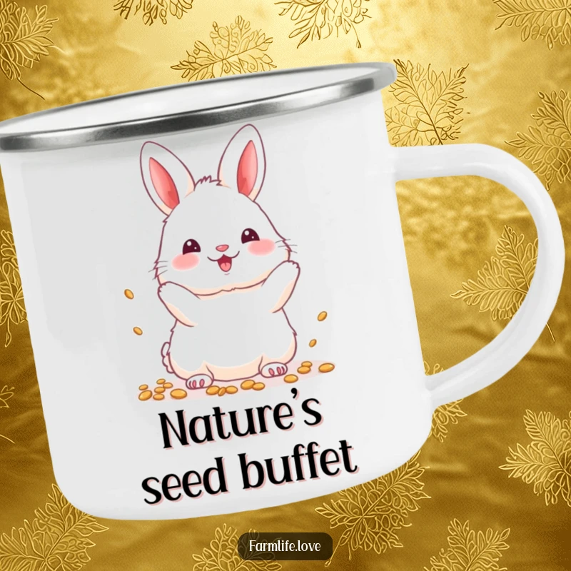 Funny Camping Mug: Bunny scattering seeds, adding garden charm to outdoor sips.