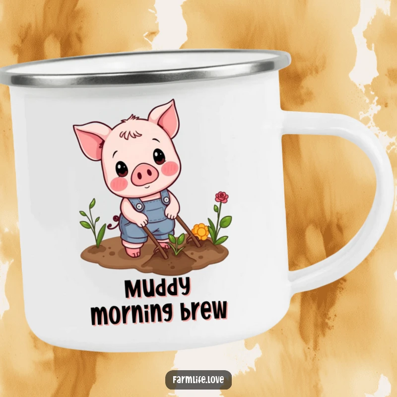 Funny Camping Mug: Piglet in overalls gardening, adding farm charm to outdoor sips.
