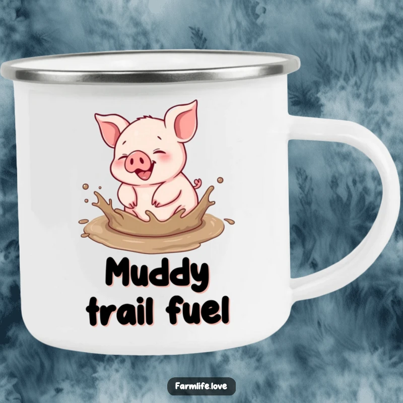 Funny camping mug: A gleeful piglet joyfully splashes in a muddy puddle, ready for outdoor adventures and messy fun.