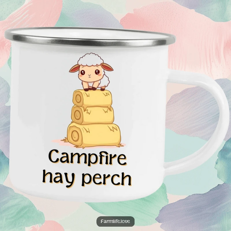 Funny camping mug: A curious sheep comically attempts to balance hay bales, ready for outdoor adventures and wobbly fun.