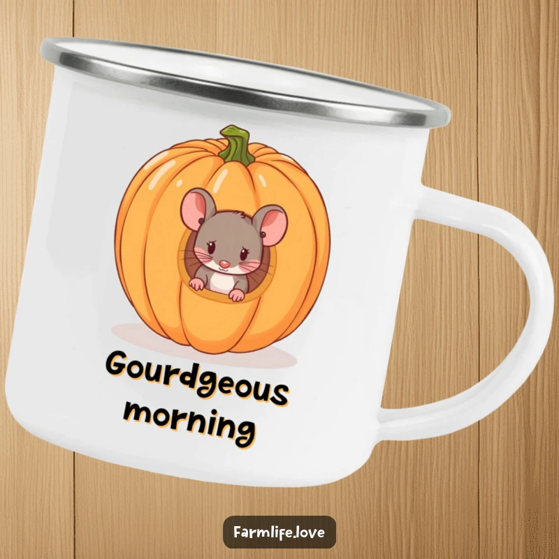 Funny camping mug showing a mouse peeking from a pumpkin, ideal for outdoor adventures with a humorous Halloween theme.