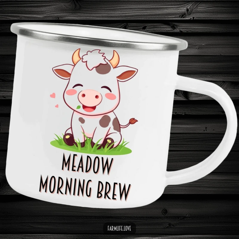 Funny Camping Mug with a happy cow contentedly munching grass, perfect for outdoor adventures with farm humor.