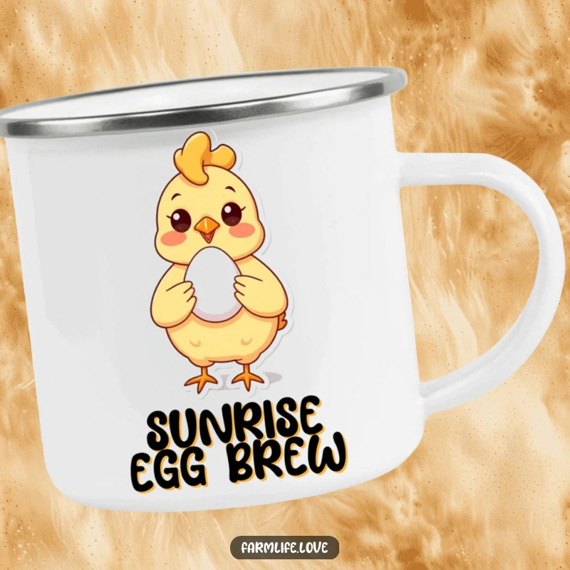 Funny Camping Mug with a cheerful chicken proudly showing off a perfect egg, perfect for outdoor adventures with farm humor.