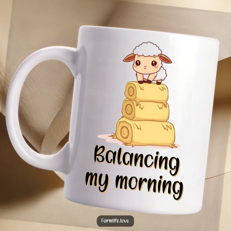 Funny mug: A curious sheep comically attempts to balance a tall stack of hay bales, showcasing focused yet wobbly effort.