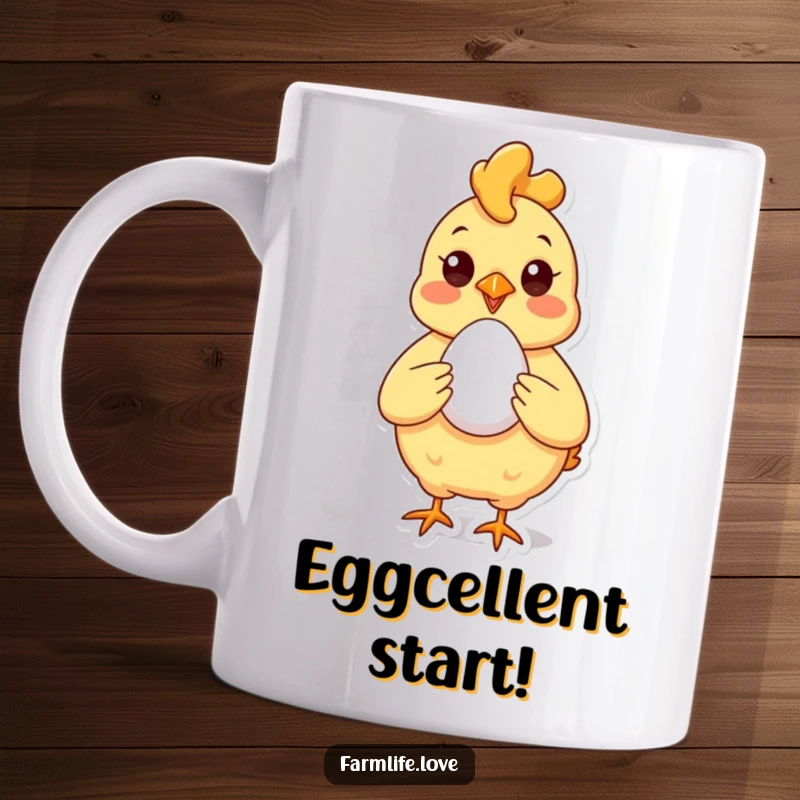 Funny Mug with a cheerful chicken proudly displaying a perfect egg, embodying humor and farm-fresh pride.