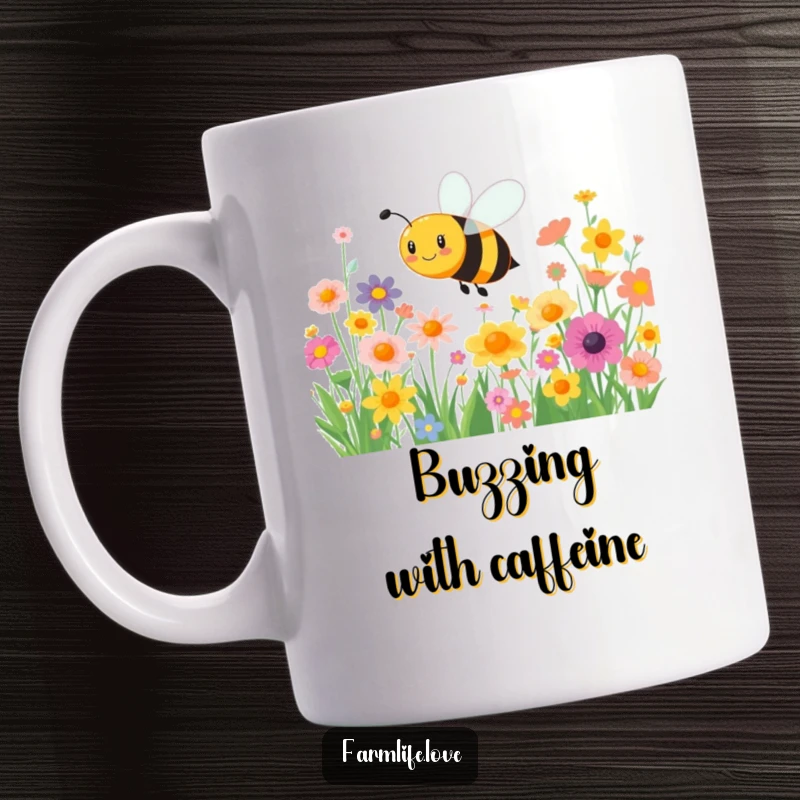 Funny mug: A happy bee joyfully buzzes amidst a field of vibrant, colorful flowers, embodying busy, cheerful energy.