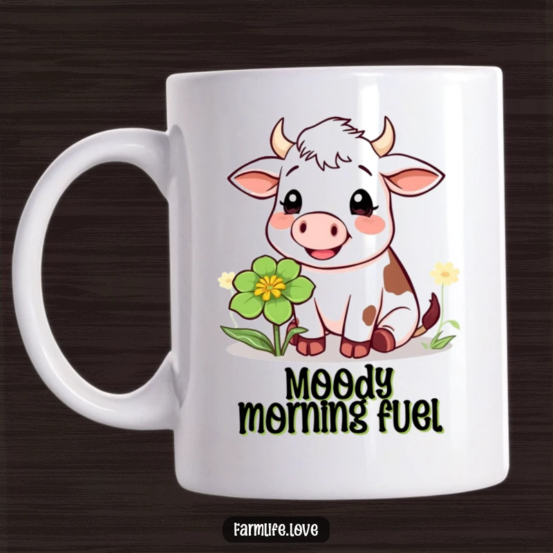 Funny mug featuring a joyful cow with a contented expression, leisurely chewing a big clover, perfect for farm humor lovers.
