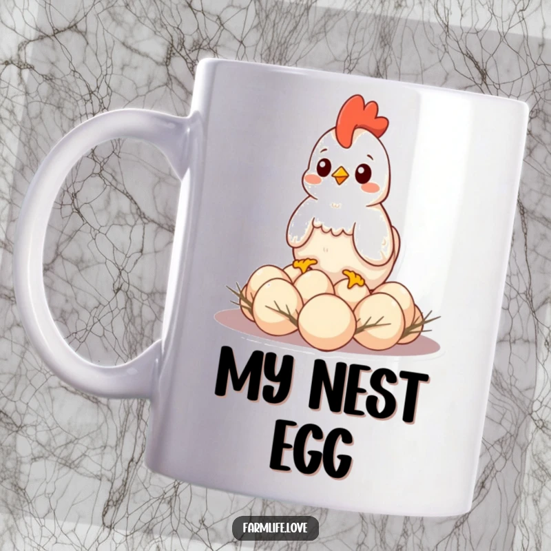 Funny mug featuring a content hen sitting protectively on a clutch of eggs, embodying maternal warmth and humor.