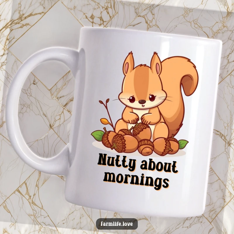 Funny mug featuring a busy squirrel with a determined look, diligently gathering acorns, embodying hard work and humor.