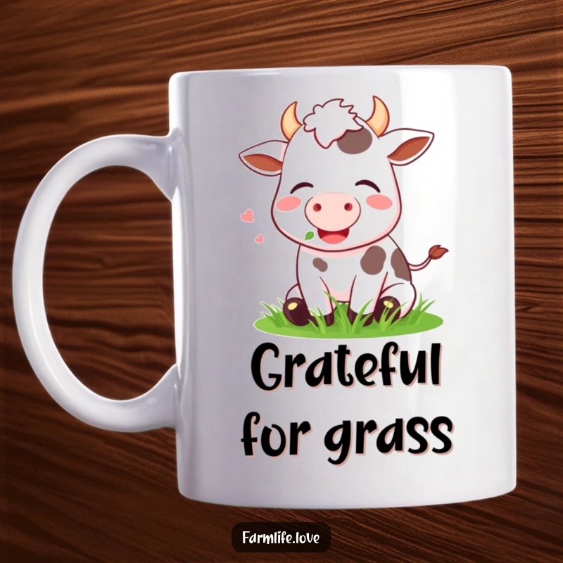 Funny Mug with a happy cow contentedly munching grass, embodying peaceful humor and farm tranquility.
