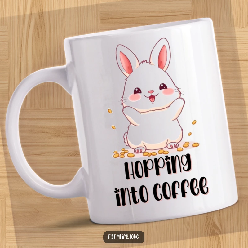 Funny Mug: A fluffy white bunny joyfully scattering a handful of seeds, symbolizing growth and nature.