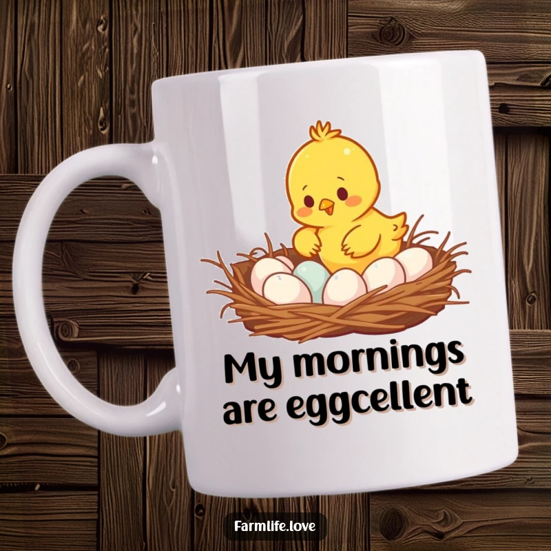 Funny busy yellow chick collecting eggs from a cozy nest, looking determined and cute on this delightful mug.