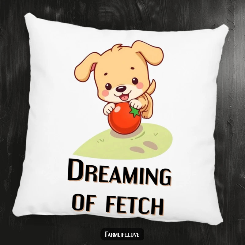 Funny pillow with a playful puppy chasing a rolling tomato, offering comfort and a dose of humorous pet joy.