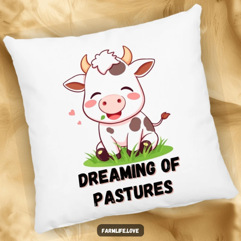 Funny Pillow with a happy cow contentedly munching grass, offering cozy comfort with a humorous farm design.