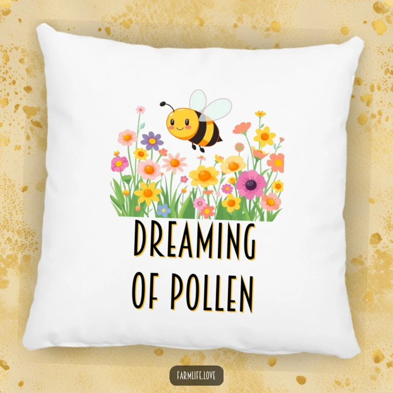 Funny pillow: A happy bee joyfully buzzes around colorful flowers, bringing soft, comforting natural charm.
