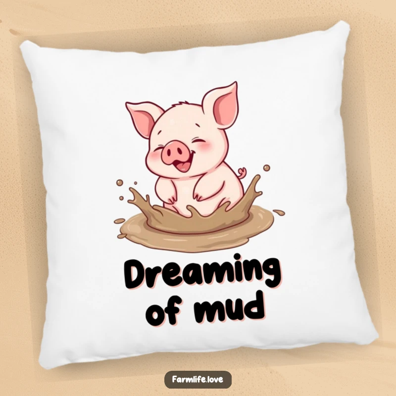 Funny pillow: A happy piglet gleefully rolls and splashes in a muddy puddle, embodying pure, uninhibited, messy fun.