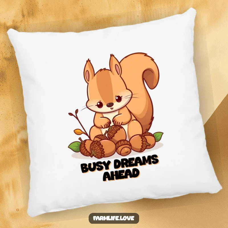 Funny pillow showcasing a determined squirrel with a pile of acorns, offering comfort and a humorous take on preparedness.
