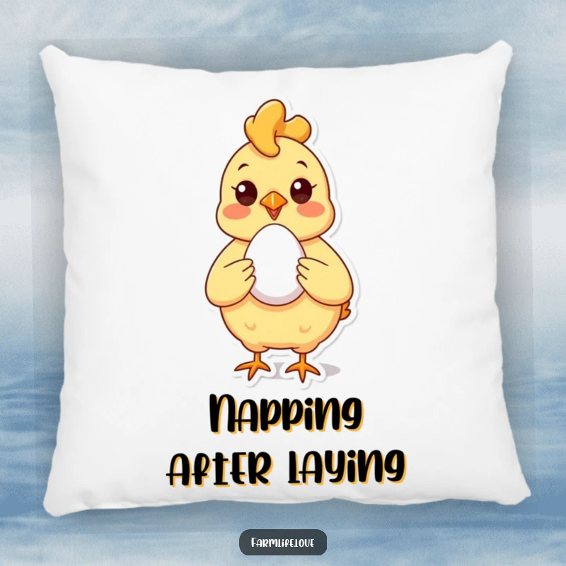 Funny Pillow with a proud chicken showing off a perfect egg, offering cozy comfort with a humorous farm design.
