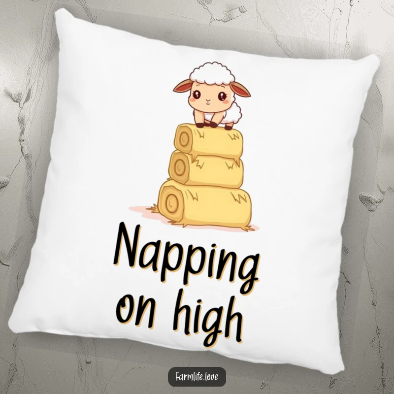 Funny pillow: A curious sheep comically attempts to balance a stack of hay bales, bringing soft, humorous farm charm.