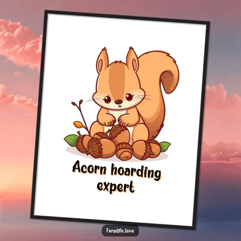 Funny digital art print of a determined squirrel gathering acorns, ready for instant download to add industrious humor.