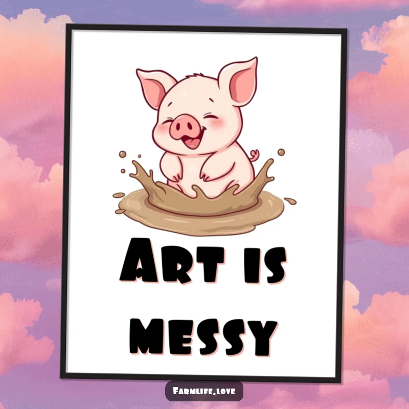 Funny digital art print: An ecstatic piglet gleefully splashes in a muddy puddle, bringing messy, uninhibited joy to your walls.