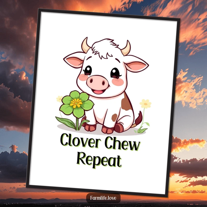 Funny digital art print of a happy cow chewing a large clover, ready for instant download to bring farm-themed humor.