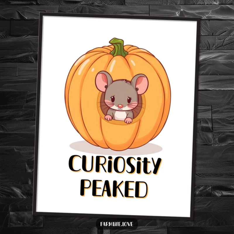 Funny digital art print of a mouse curiously peeking from a ripe pumpkin, ready for instant download to add Halloween humor.