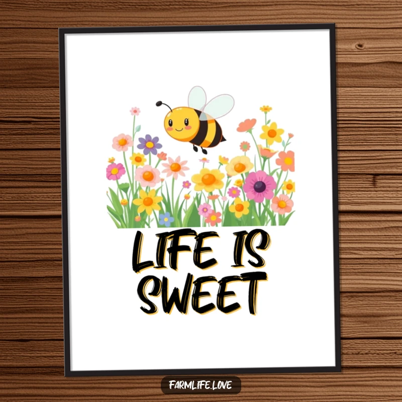 Funny digital art print: A happy bee joyfully buzzes among colorful flowers, bringing cheerful, vibrant energy to your walls.