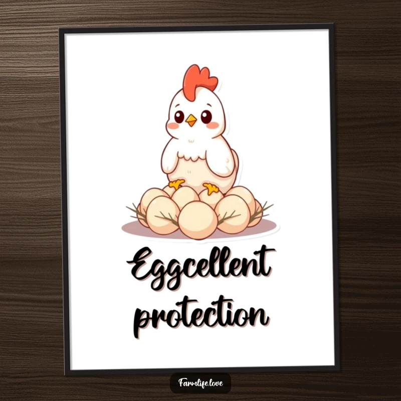 Funny digital art print of a hen protectively sitting on eggs, ready for instant download to add maternal humor.