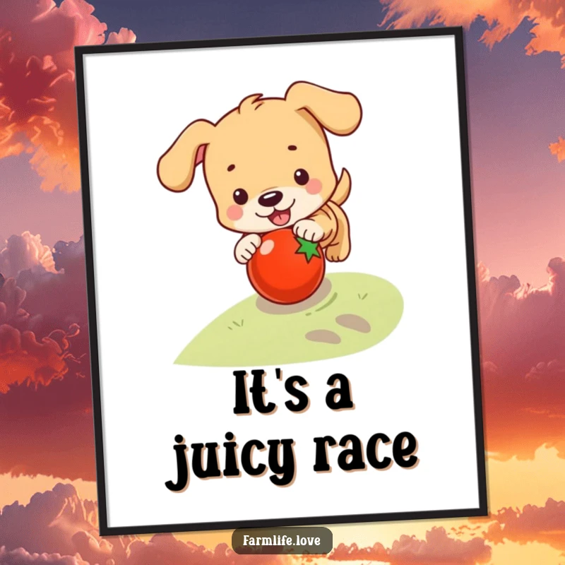 Funny digital art print of a playful puppy chasing a rolling tomato, ready for instant download to add pet humor.