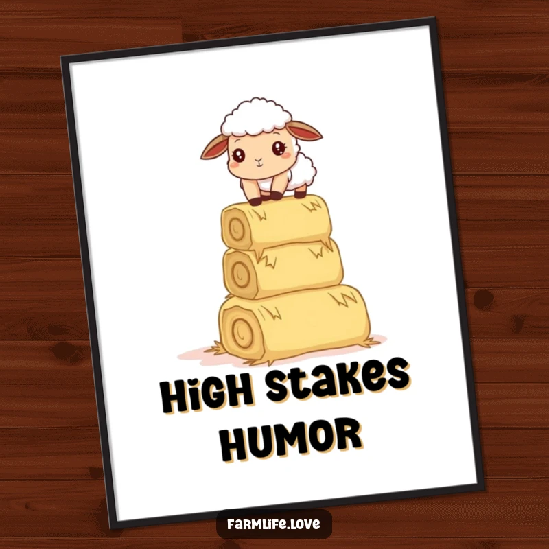 Funny digital art print: A curious sheep comically attempts to balance hay bales, bringing hilarious farmyard charm to your walls.