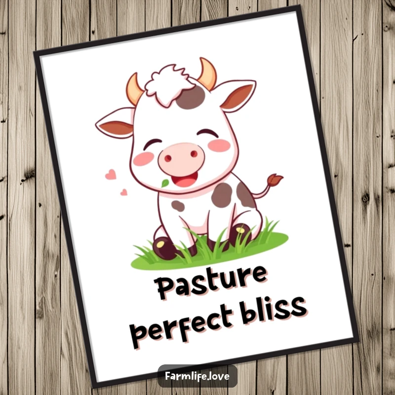Funny Digital Art Print of a happy cow contentedly munching grass, perfect for adding humorous pastoral decor.