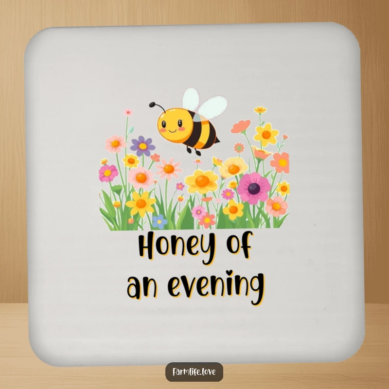 Funny drink coaster: A happy bee joyfully buzzes around colorful flowers, bringing a touch of nature's charm to your table.