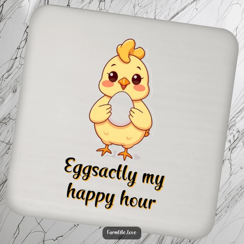 Funny Coaster with a cheerful chicken proudly displaying a perfect egg, adding farmhouse humor to any beverage setting.