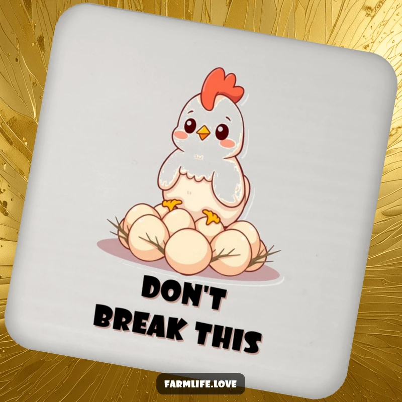 Funny drink coaster with a contented hen sitting on eggs, offering surface protection with a humorous maternal theme.