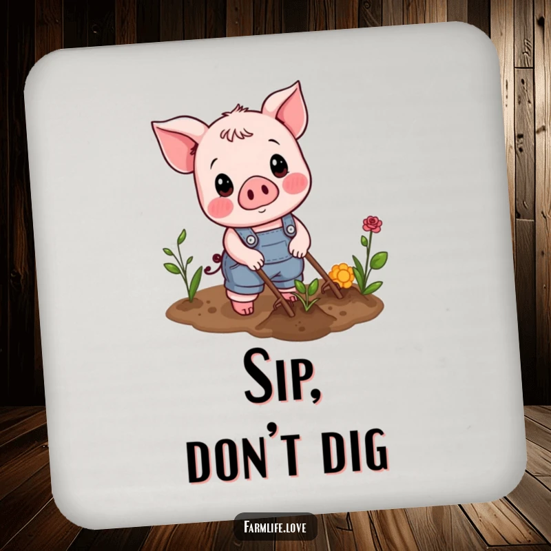 Funny Coasters: Piglet in overalls gardening, adding farm charm to your drinks.