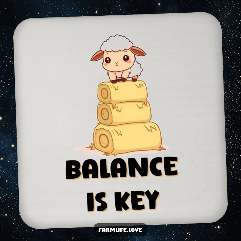 Funny drink coaster: A curious sheep comically balances hay bales, bringing a touch of farmyard humor to your table.