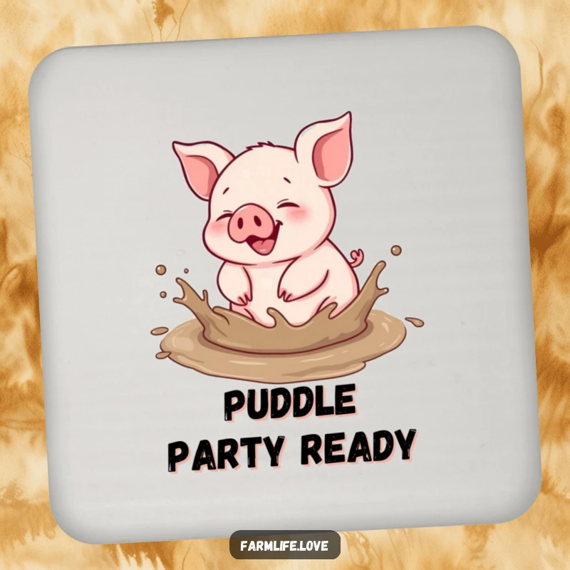 Funny drink coaster: A happy piglet gleefully rolls in a muddy puddle, adding a splash of messy fun to your table.