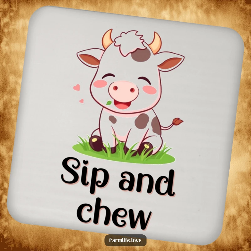Funny Coaster with a happy cow contentedly munching grass, adding pastoral humor to any beverage setting.